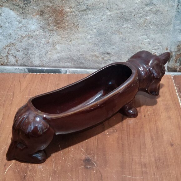 Vintage Dachshund Dog Ceramic Cracker Tray Planter Brown Glazed - Picture 6 of 14